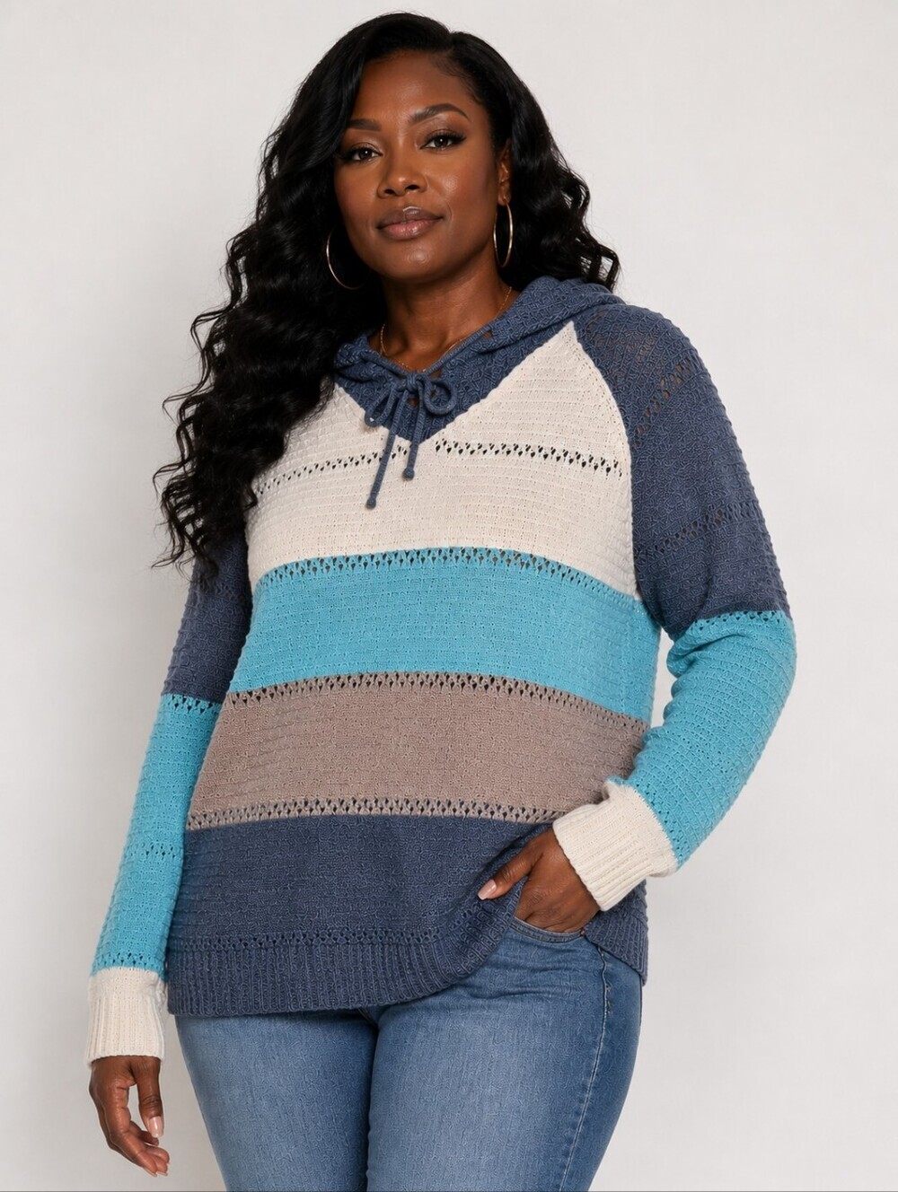 Sky Blue Combo Block Knit Hoodie